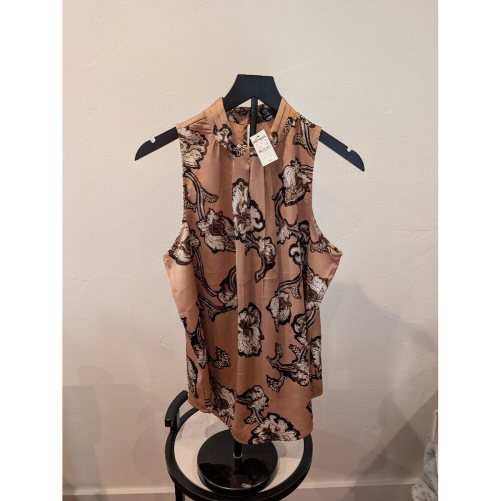EXPRESS • Floral Sleeveless High‑Neck Blouse • Tan/Black • Size L • NWT